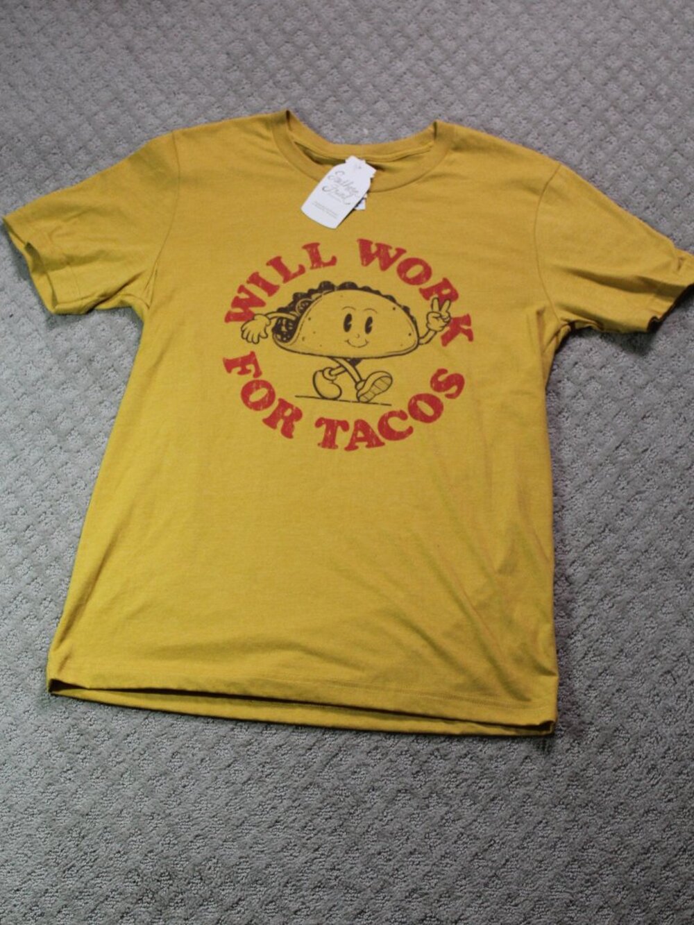 NWT Canvas Size M Yellow "Will Work For Tacos" Cotton Blend Short Sleeve T-Shirt